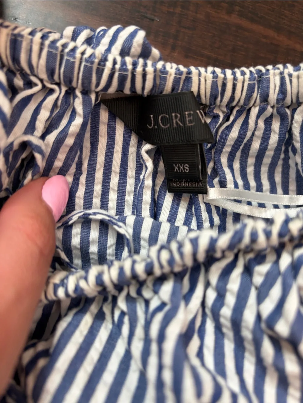 J. Crew Blue and White Striped Seersucker Strapless Jumpsuit nautical classic